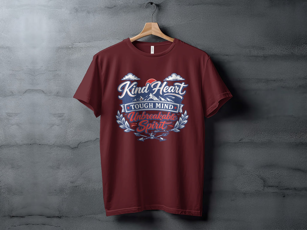 Maroon t-shirt with "Kind Heart, Tough Mind, Unbreakable Spirit" text and mountain design.