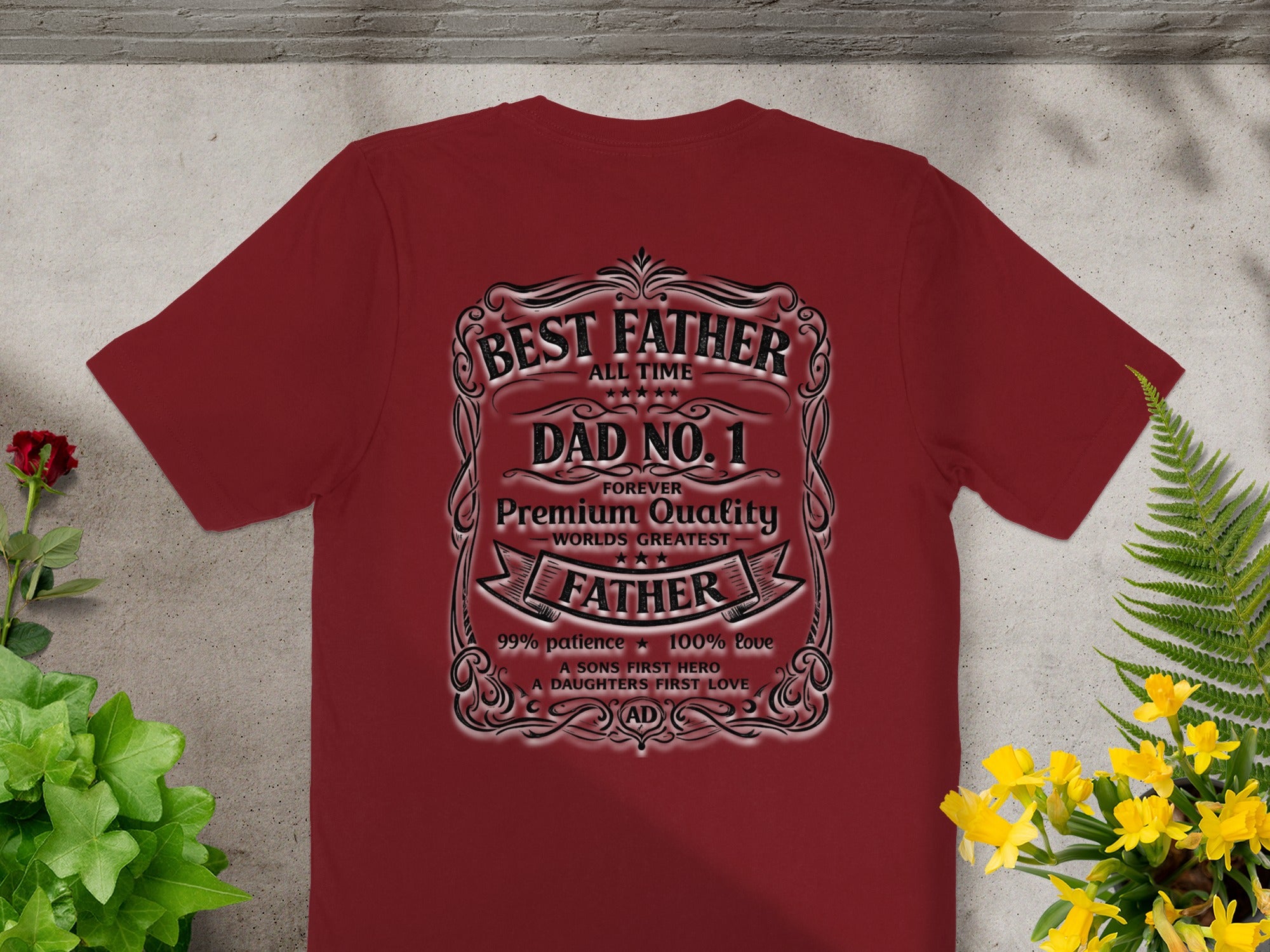 Maroon t-shirt with "Best Father Dad No. 1" text and decorative elements.