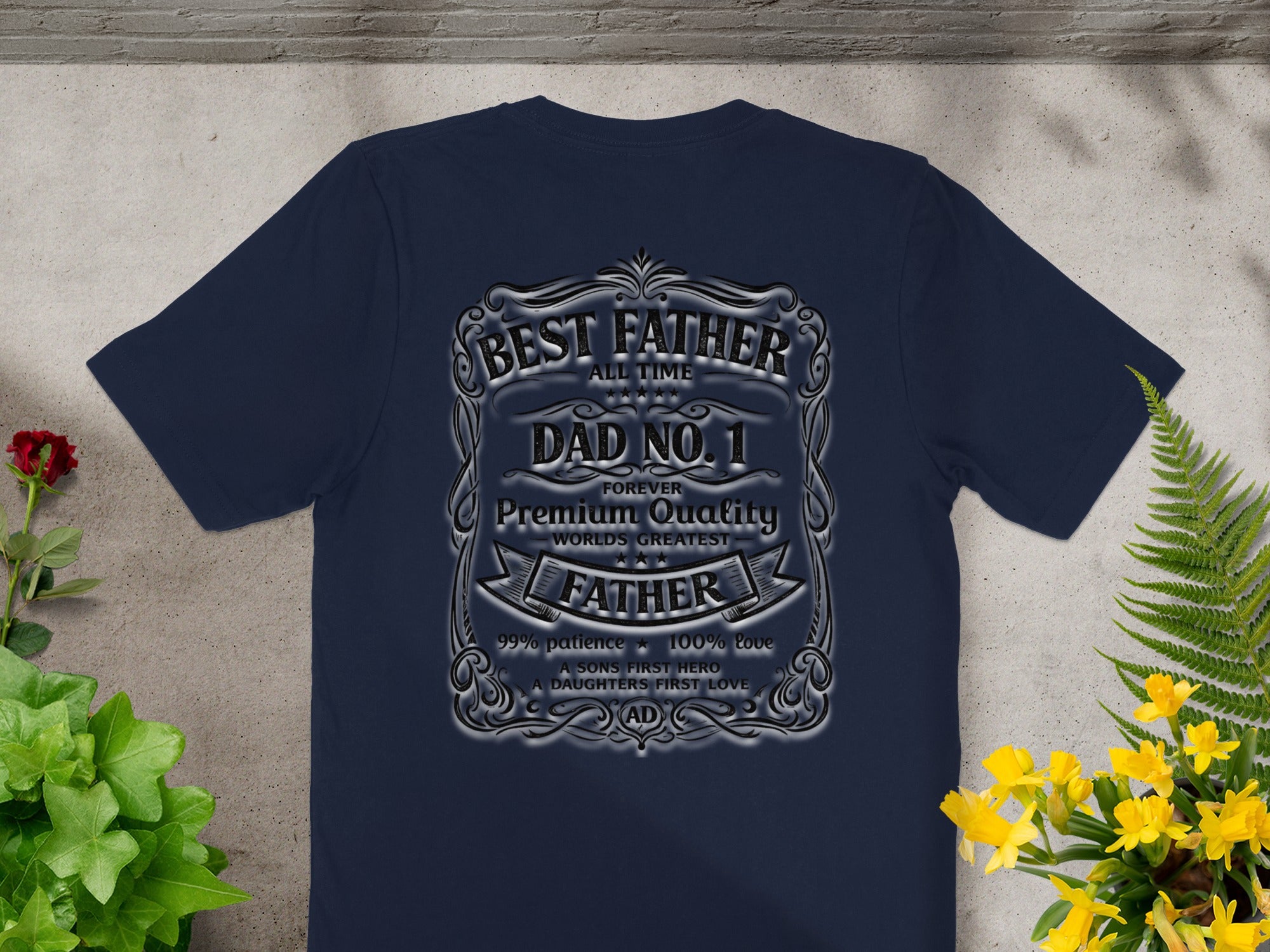 Navy t-shirt with "Best Father Dad No. 1 Forever Premium Quality" text.