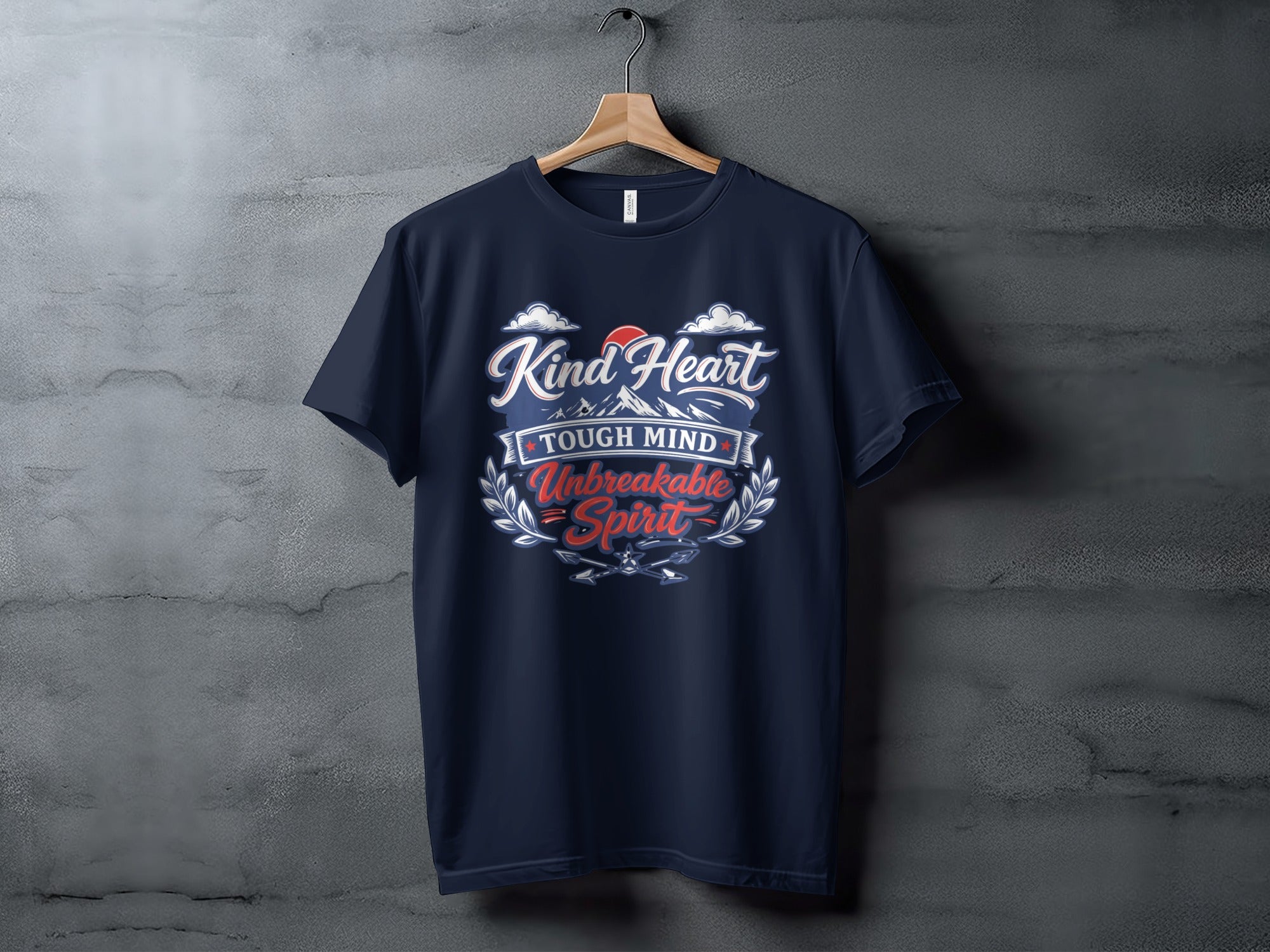 Navy t-shirt with "Kind Heart, Tough Mind, Unbreakable Spirit" text and sun graphic.