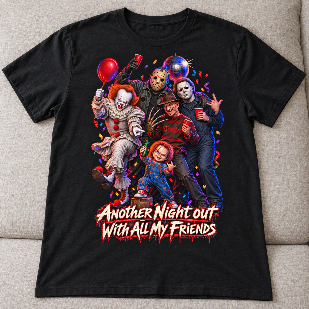 Black Halloween T-shirt mockup with five horror characters partying above Another Night Out With All My Friends, laid flat on a neutral couch.