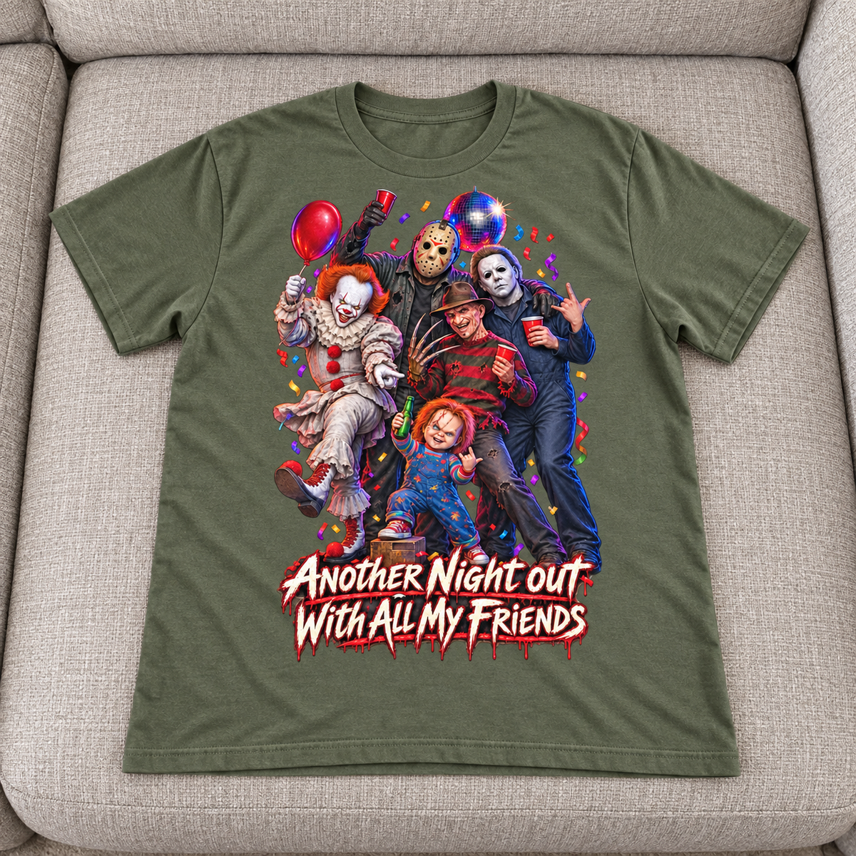 Military Green Halloween T-shirt mockup with five horror characters partying above Another Night Out With All My Friends, laid flat on a neutral couch.