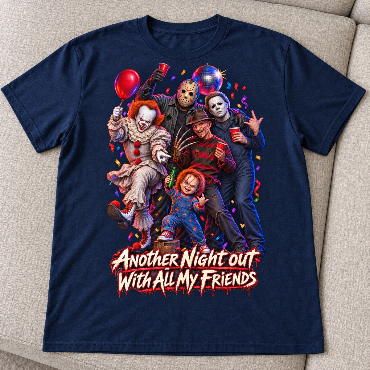Navy Halloween T-shirt mockup with five horror characters partying above Another Night Out With All My Friends, laid flat on a neutral couch.