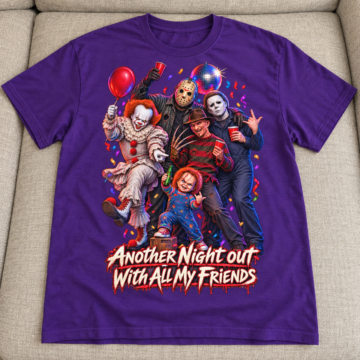 Purple Halloween T-shirt mockup with five horror characters partying above Another Night Out With All My Friends, laid flat on a neutral couch.