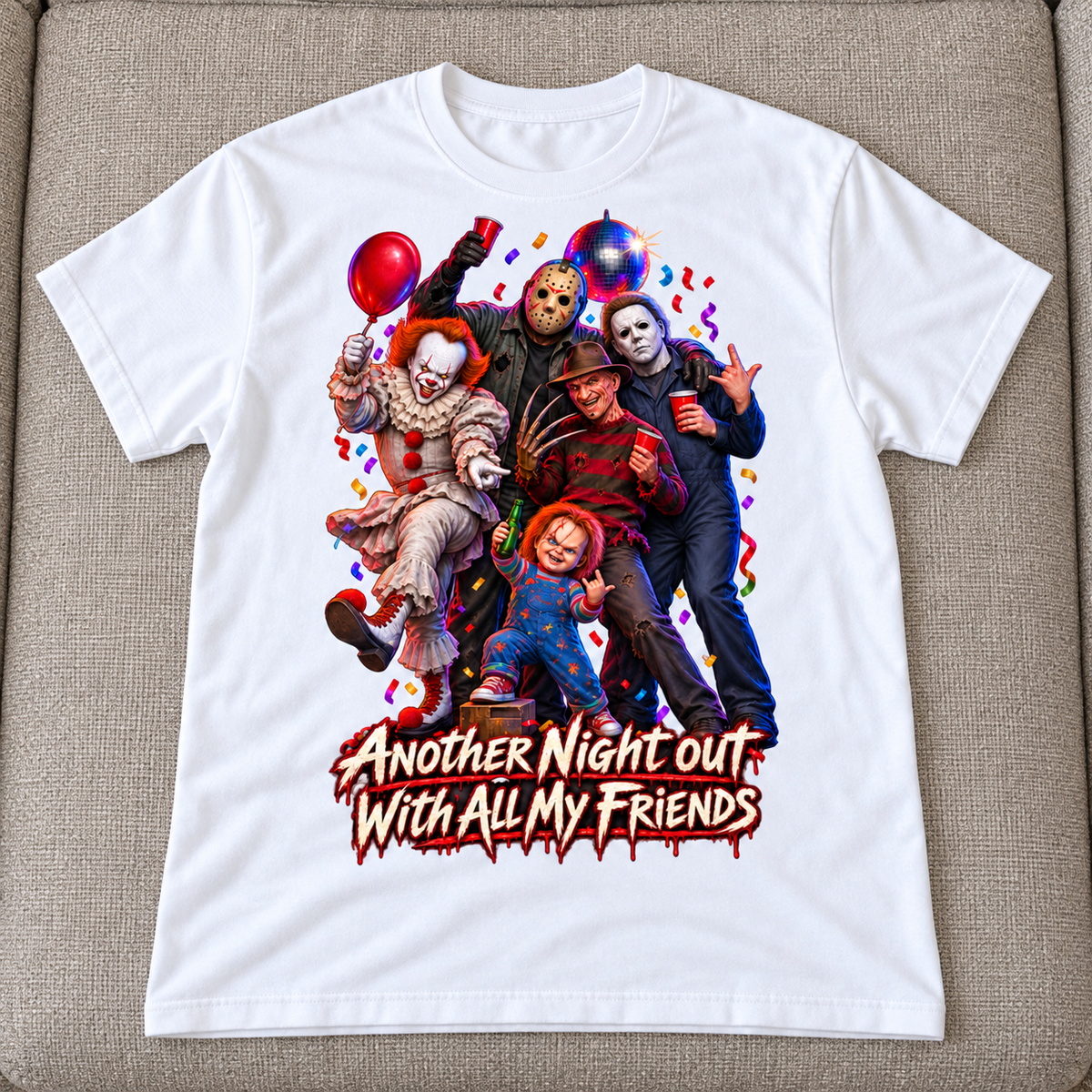 White Halloween T-shirt mockup with five horror characters partying above Another Night Out With All My Friends, laid flat on a neutral couch.