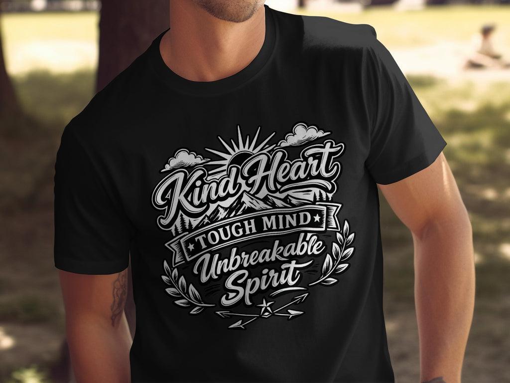 Black t-shirt with "Kind Heart Tough Mind Unbreakable Spirit" text design.