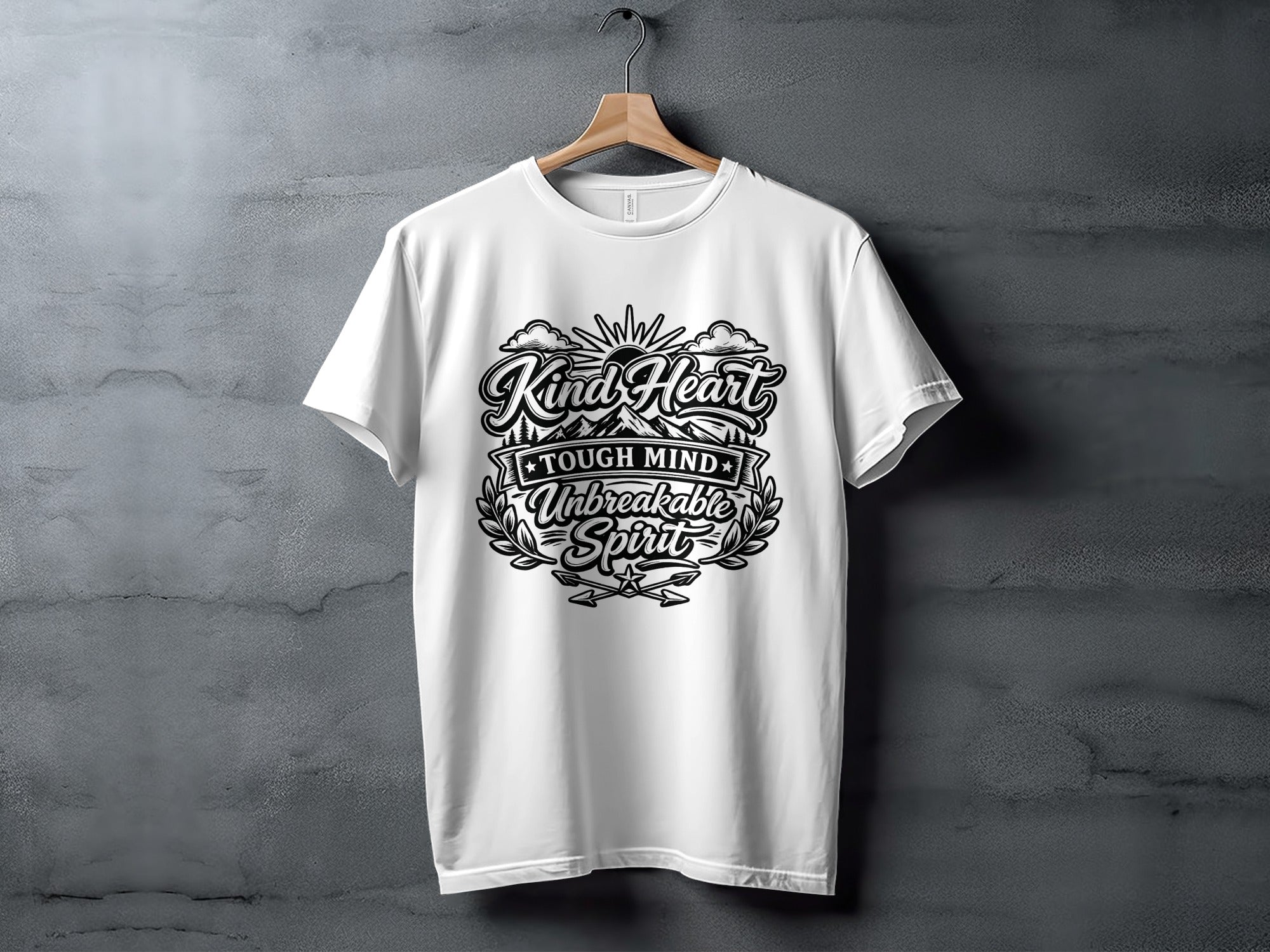 White t-shirt with "Kind Heart Tough Mind Unbreakable Spirit" text design.