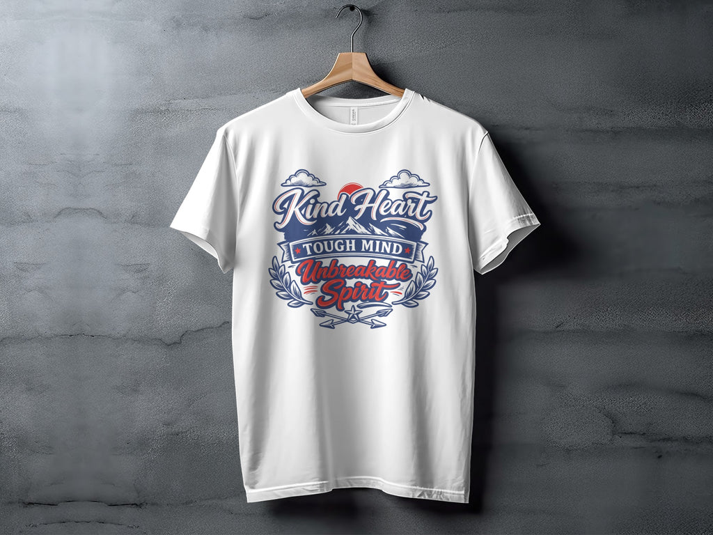 White t-shirt with "Kind Heart, Tough Mind, Unbreakable Spirit" text and graphic.