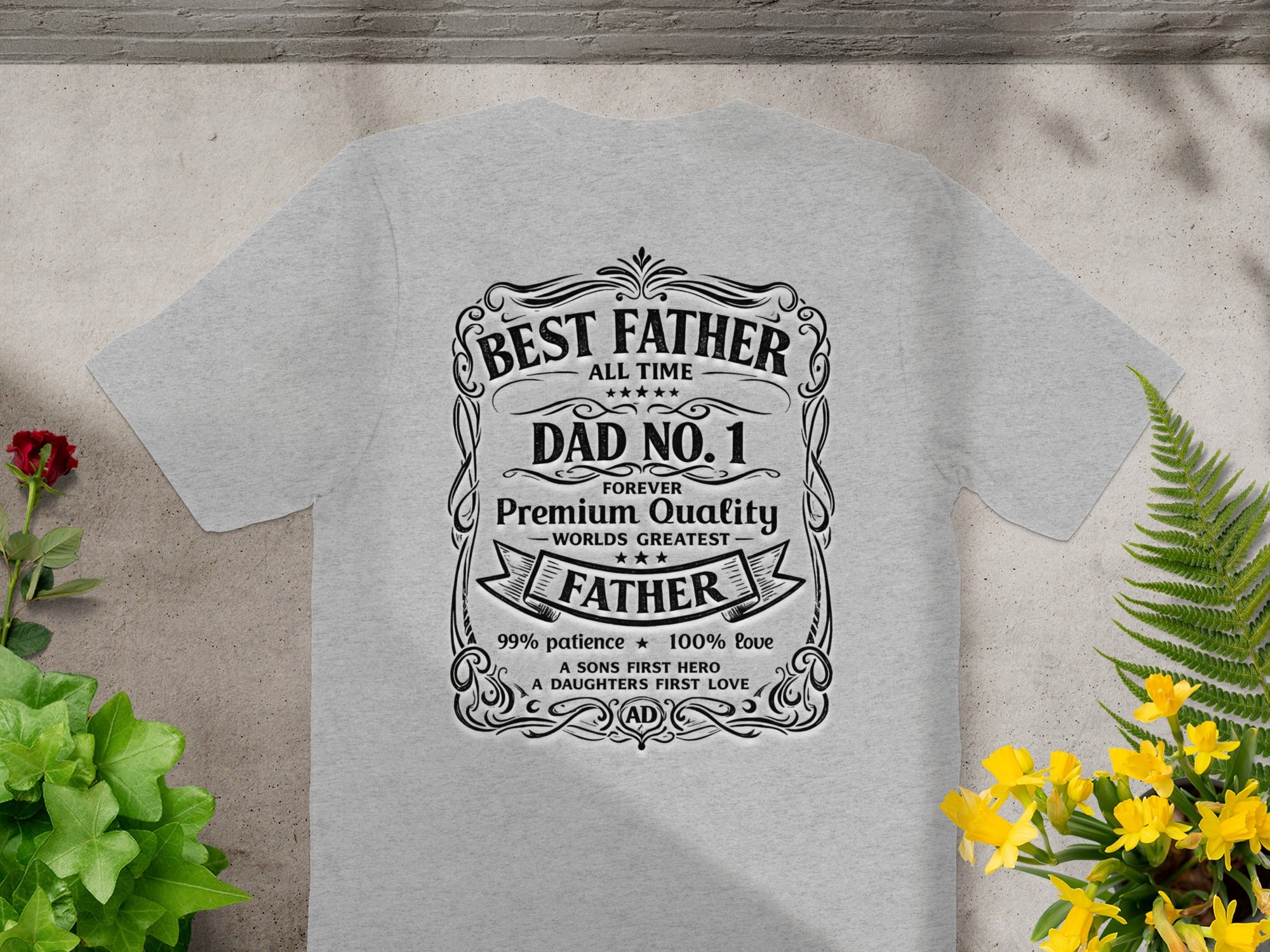 Grey t-shirt with "BEST FATHER DAD NO. 1" and "WORLD'S GREATEST FATHER" text.