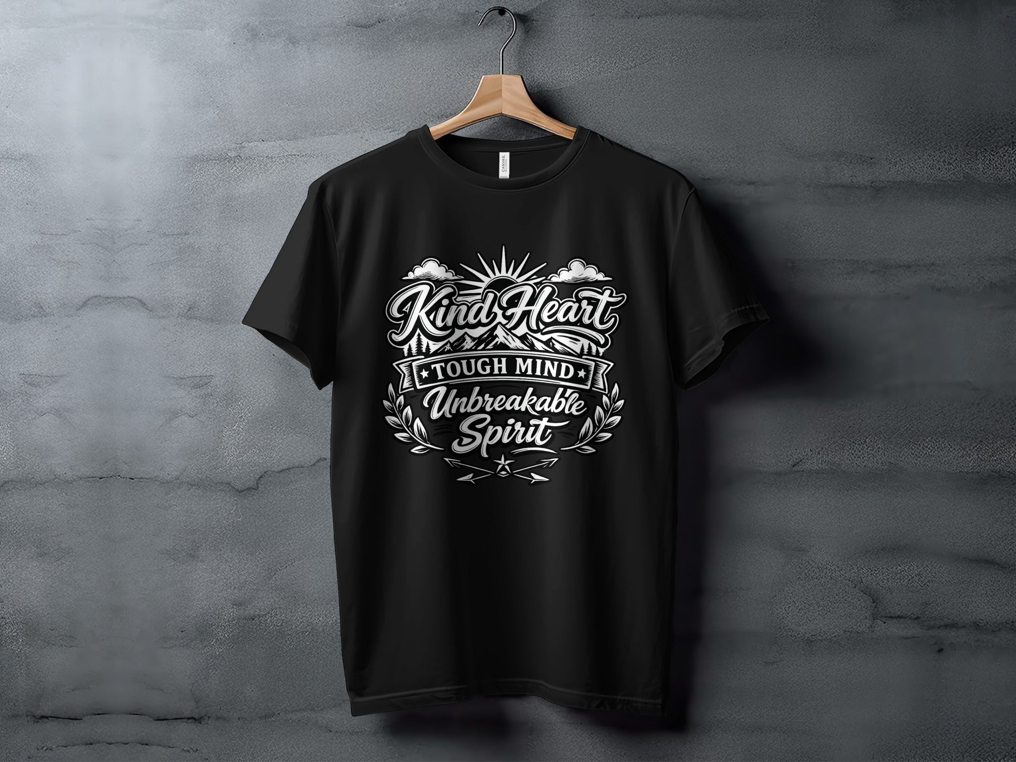 Black t-shirt with "Kind Heart Tough Mind Unbreakable Spirit" text design.