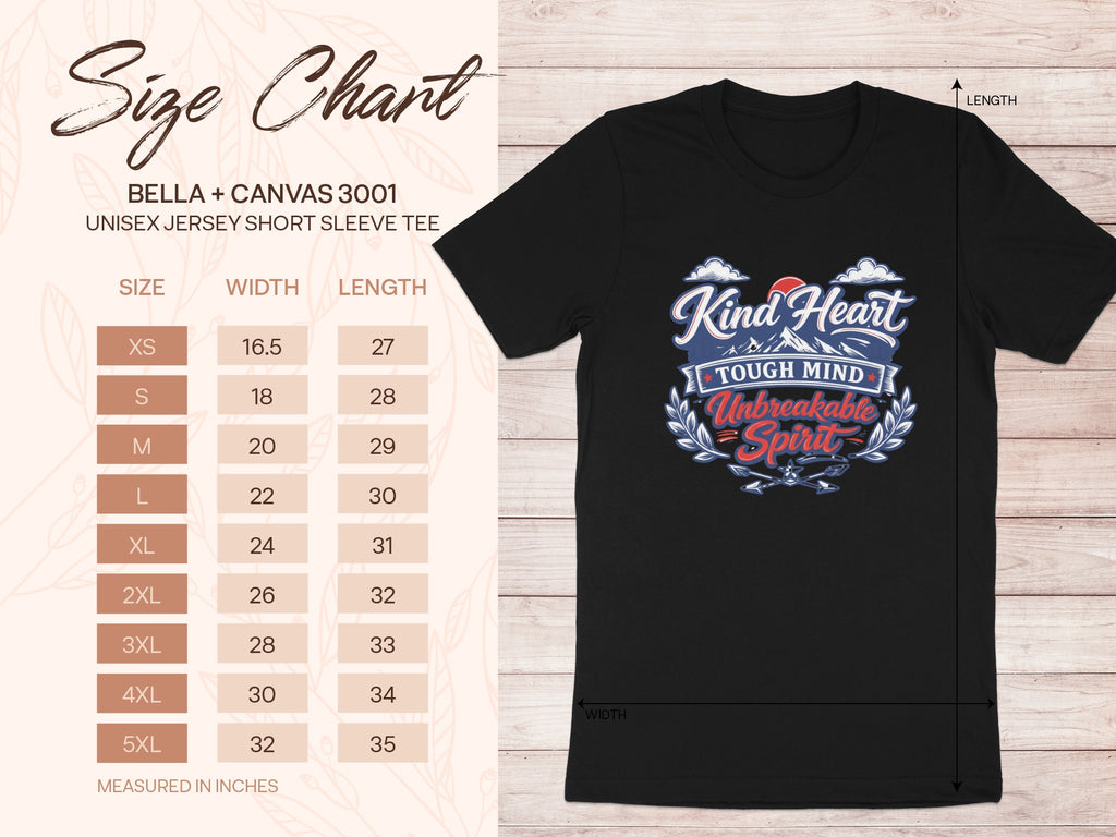Bella + Canvas 3001 unisex t-shirt size chart with measurements.