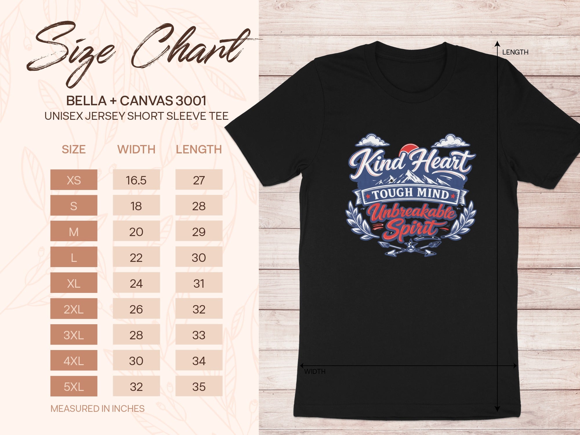 Bella + Canvas 3001 unisex t-shirt size chart with measurements.