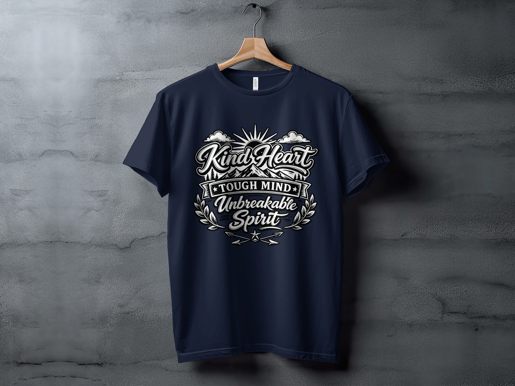 Navy t-shirt with "Kind Heart, Tough Mind, Unbreakable Spirit" text design.