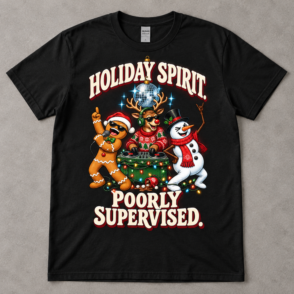 Black Gildan Softstyle G640 tee on a neutral gray table with Aurendae's Holiday Spirit. Poorly Supervised. Christmas party graphic.