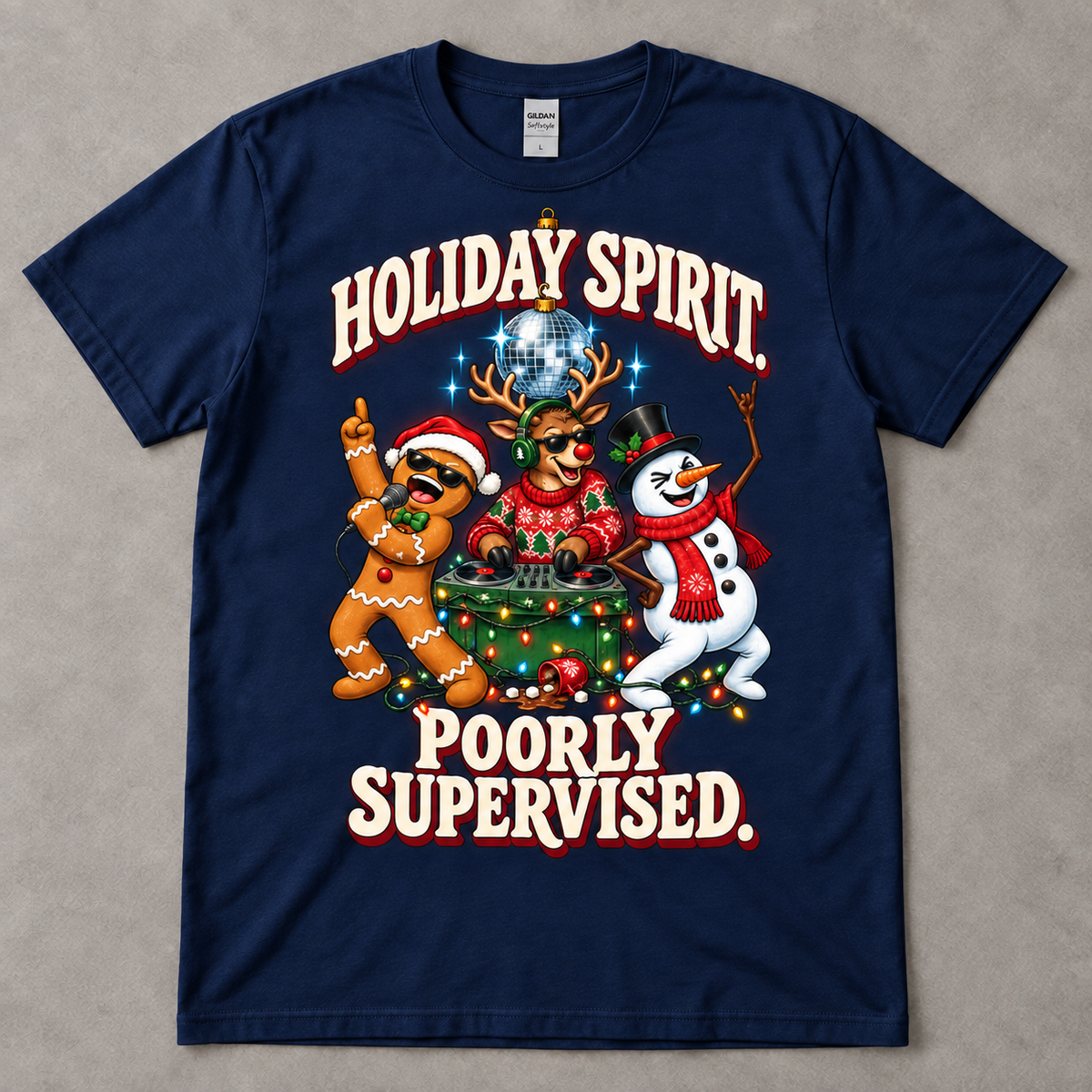 Navy Gildan Softstyle G640 tee on a neutral gray table with Aurendae's Holiday Spirit. Poorly Supervised. Christmas party graphic.
