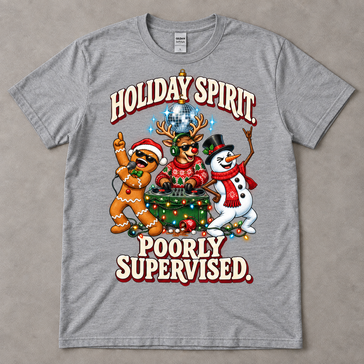 Sport Gray Gildan Softstyle G640 tee on a neutral gray table with Aurendae's Holiday Spirit. Poorly Supervised. Christmas party graphic.
