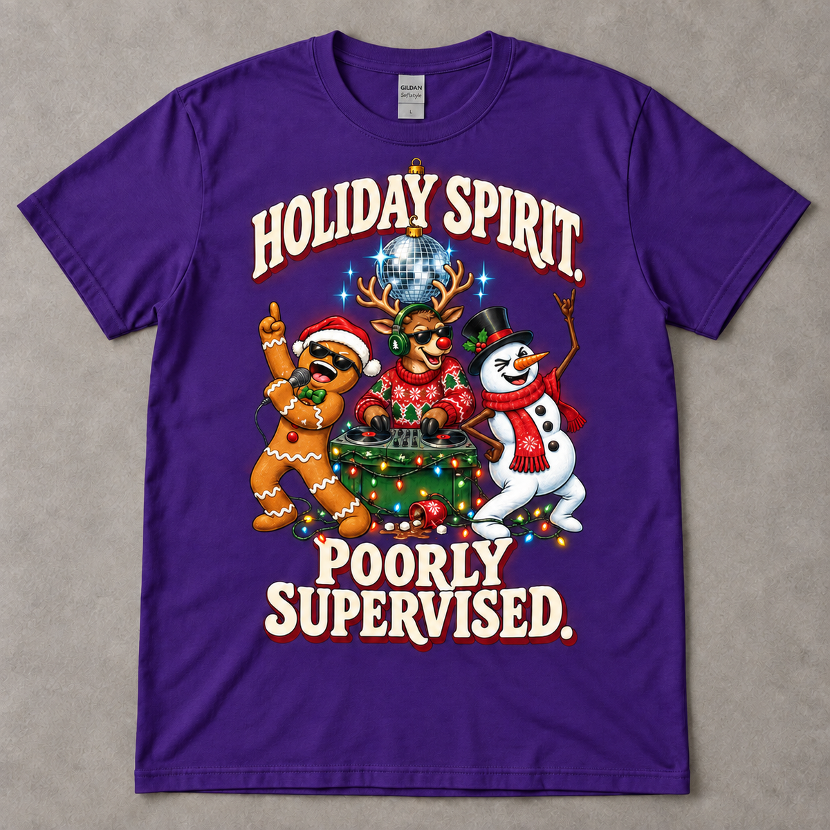 Purple Gildan Softstyle G640 tee on a neutral gray table with Aurendae's Holiday Spirit. Poorly Supervised. Christmas party graphic.