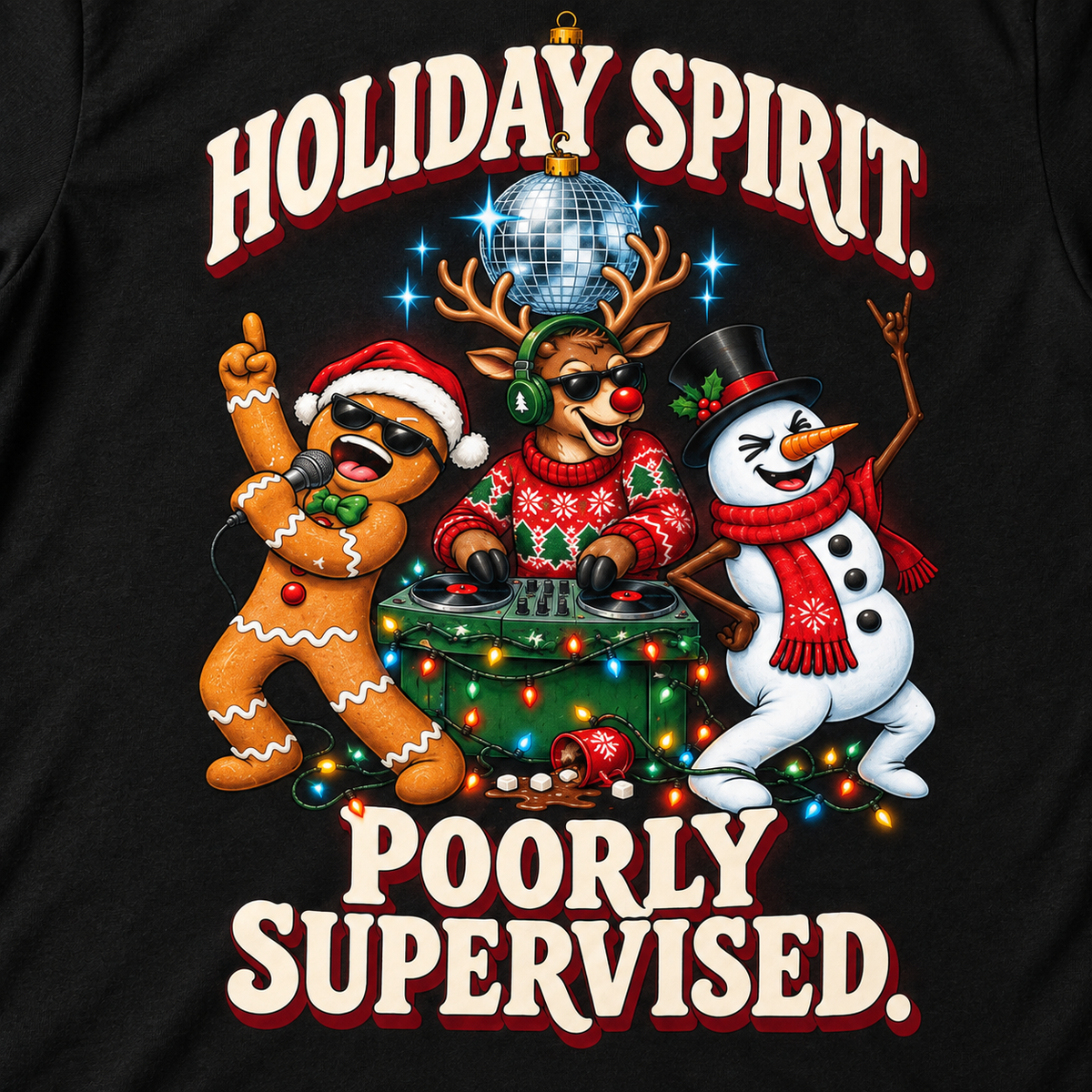 Close-up of the Holiday Spirit. Poorly Supervised. graphic on a black tee, featuring a gingerbread singer, reindeer DJ, and dancing snowman.