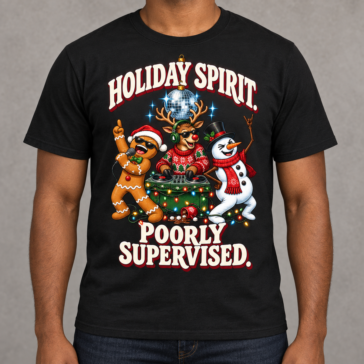 Faceless neck-down model wearing a black Gildan Softstyle G640 tee with Aurendae's Holiday Spirit. Poorly Supervised. Christmas graphic.